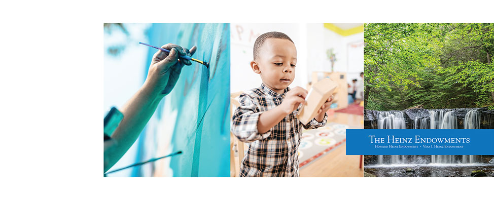 a three image collage with images of a hand and paint brush painting on canvas, a little boy in a plaid shirt holding a building block, and a waterfall in a forest.